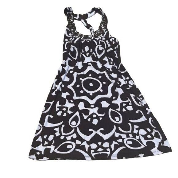 90's Tribal Beaded Scoop Open Racerback Shelf Bra Mini Slip Dress Brown Sz S - Picture 1 of 8